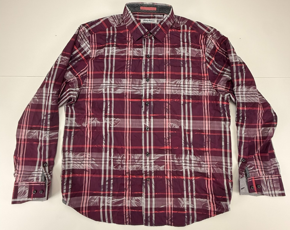 Tommy Bahama Mens L Burgundy Plaid Palm Leaf Cotton Silk Long Sleeve Shirt